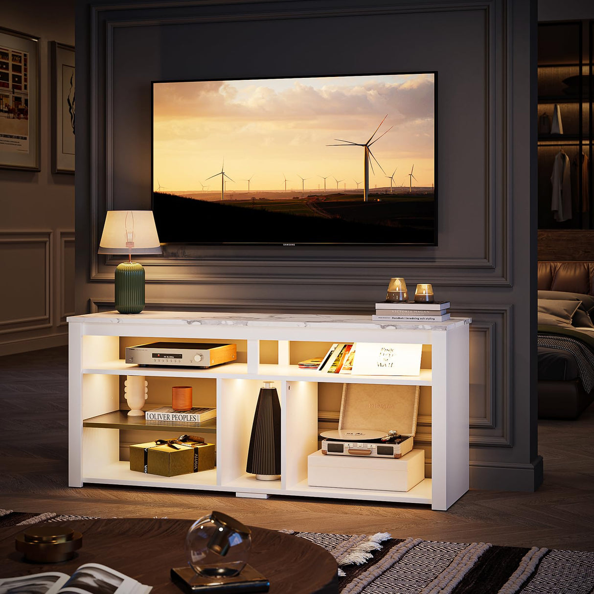 Bestier LED Tall Entertainment Center, 55 inch TV Stand for 55/60/65 inch TV, TV Console with Storage for PS5, Media TV Cabinet with Adjustable Shelf for Living Room, White Marble Bestier