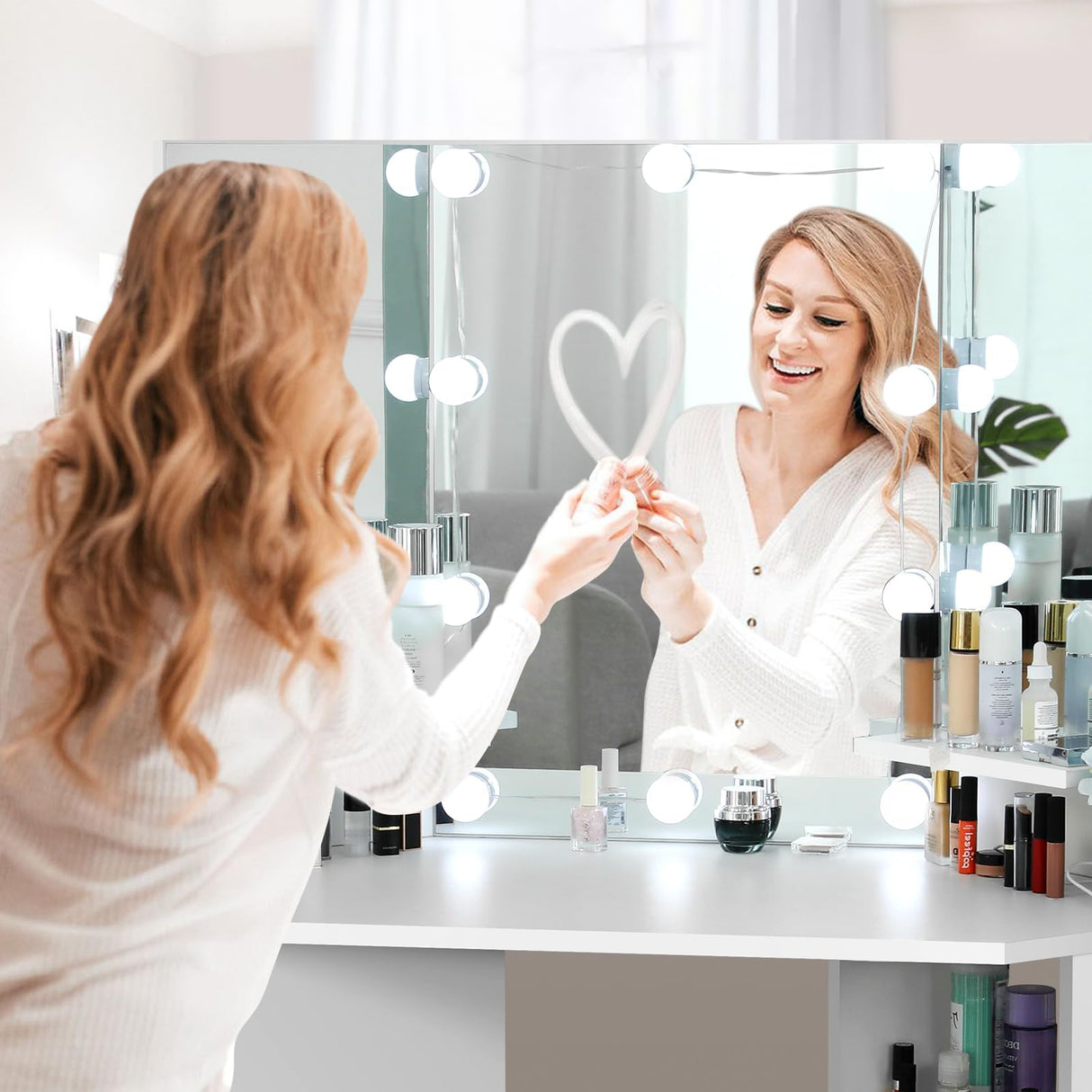 elifine Vanity Desk with Mirror and Lights, Makeup Corner Vanity with 5 Storage Drawers Shelves and 3 Dimmable Lighting Options and Vanity (White) elifine