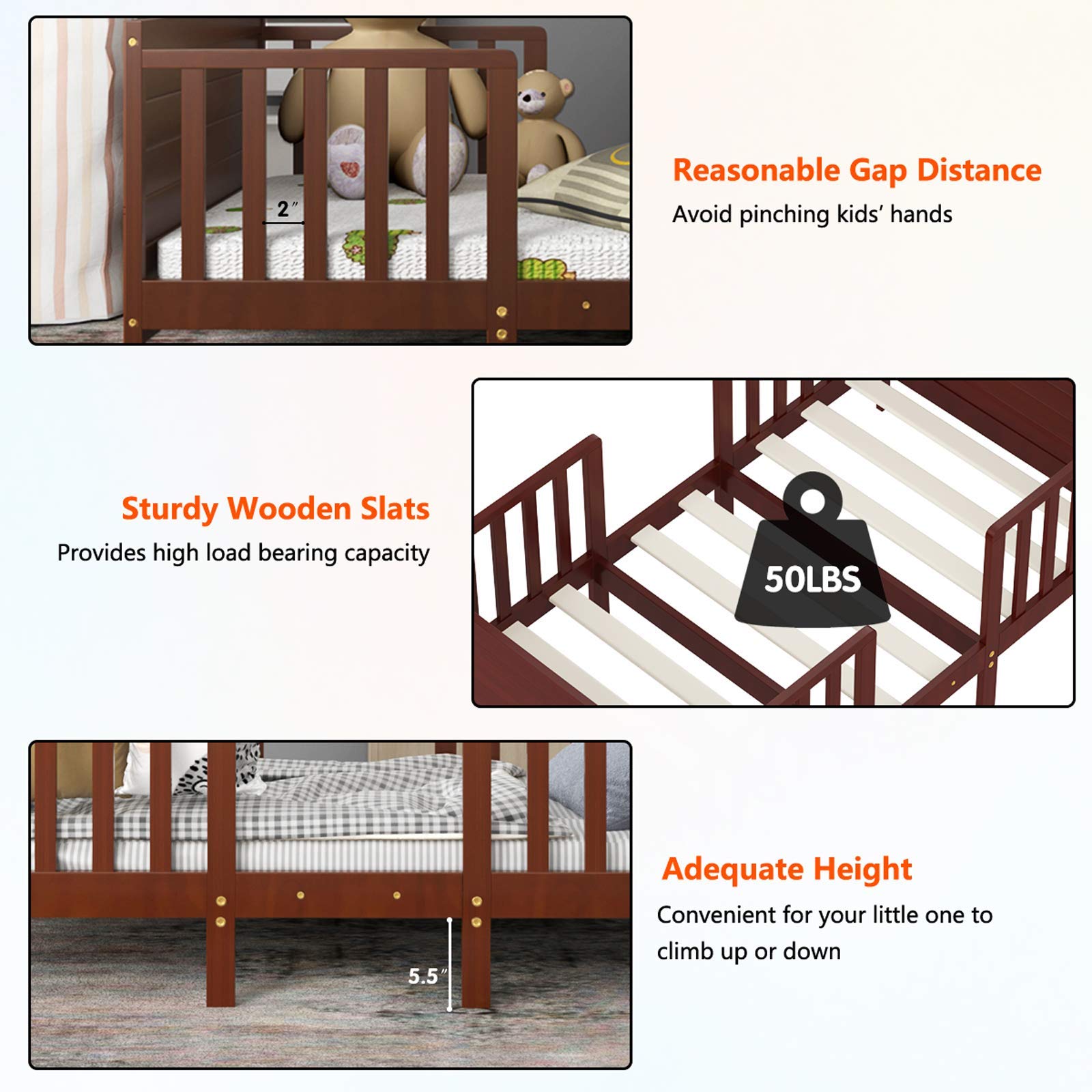 Costzon 2-in-1 Convertible Toddler Bed Frame with Safety Guardrails & Footboard - Brown - WoodArtSupply