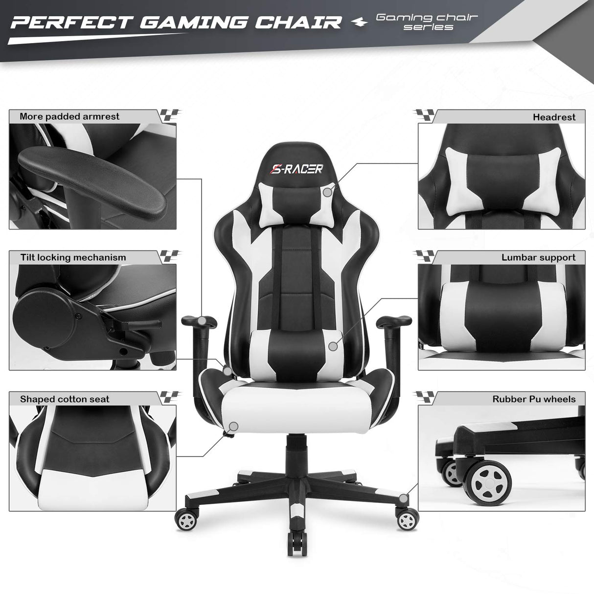 Furniwell Gaming Chair PU Leather Office Chair High Back Computer Chair Desk Chair Adjustable Swivel Racing Executive Leather Ergonomic Task Chair with Headrest and Lumbar Support (White) Furniwell