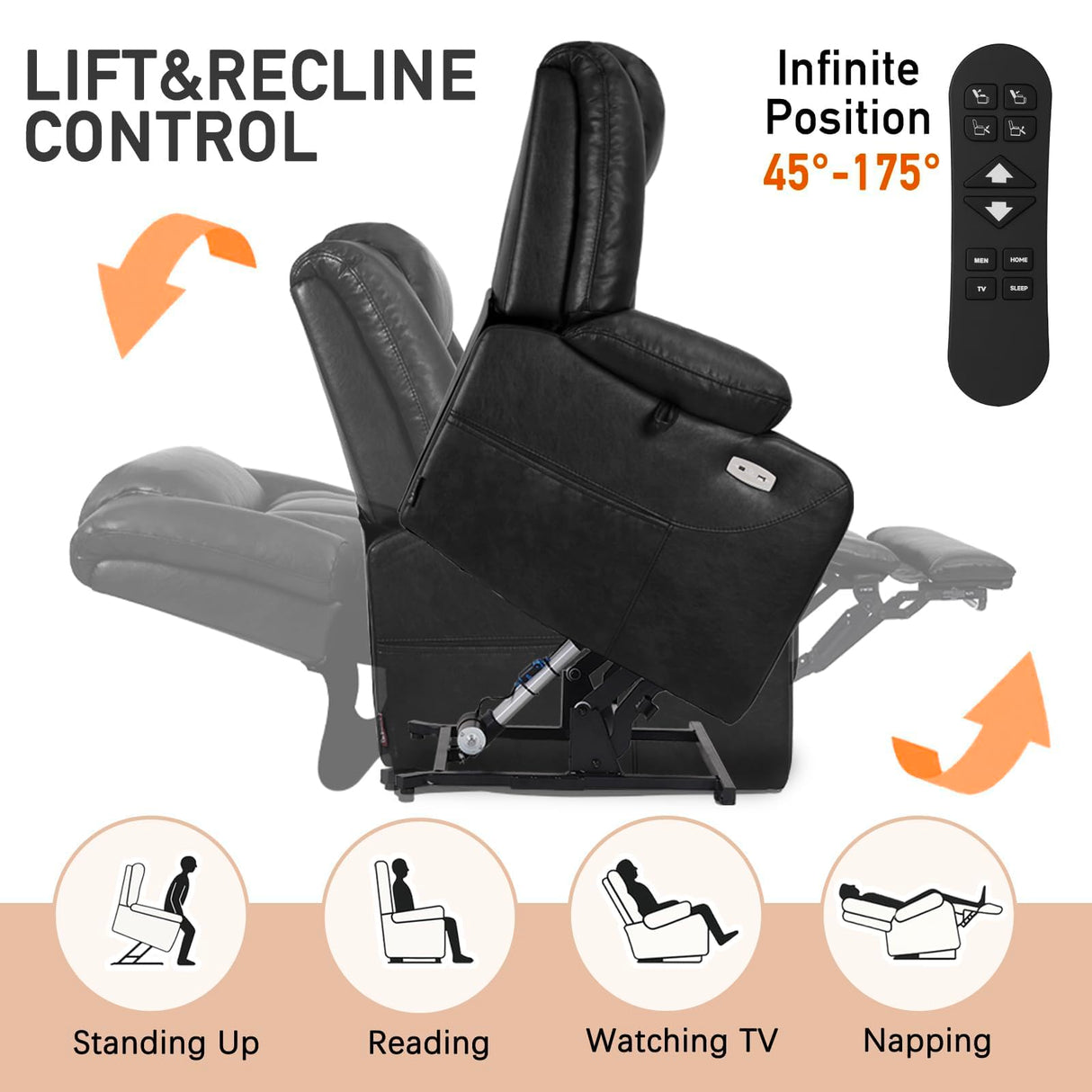 EONIX Dual Motor Oversized Power Lift Recliner Chair for Elderly, 400lbs Heavy Duty Faux Leather Recliner with Massage and Heat, Lay Flat Big and Tall Lift Chair with Cup Holders, Black EONIX