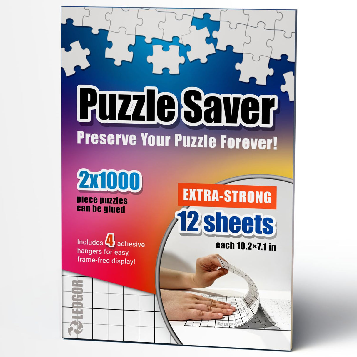 Puzzle Saver Sheets – 12 Extra Strong 10.2 x 7.1 Peel & Stick Puzzle Glue Sheets + 4 Hangers – Preserve Two 1000-Piece Jigsaw Puzzles – Clear Adhesive Backing Kit by LEOGOR LEOGOR