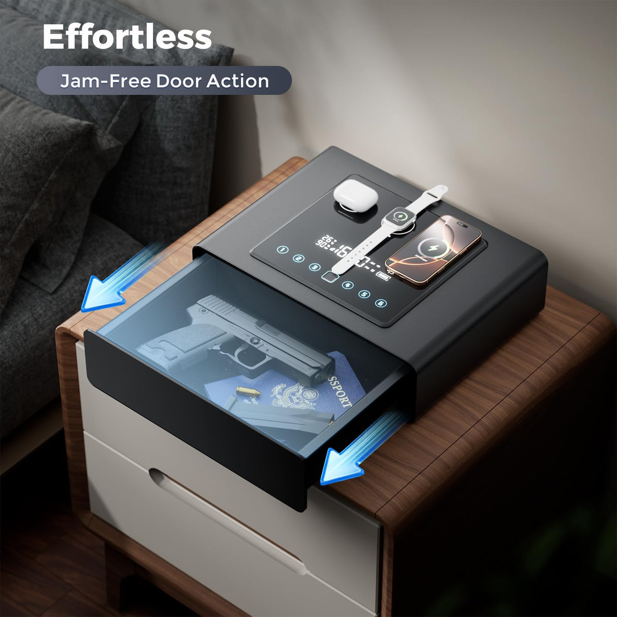 Yoqimi Smart Biometric Gun Safe for Handgun, Fingerprint Clock Safe with 3-in-1 Wireless Charging, Silent Drawer, LCD Alarm Clock & Quick Access Bedside Gun Safe Yorqimi