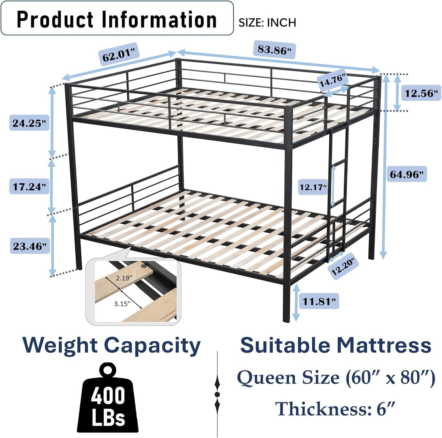 UOCFYK Queen Over Queen Bunk Bed, Heavy Duty Bunk Bedframe with Convertible 2 Beds & Ladder & Safety Rails for Condominiums, Dorm, Bedroom, Space Saving Design, No Box Spring Needed, Black