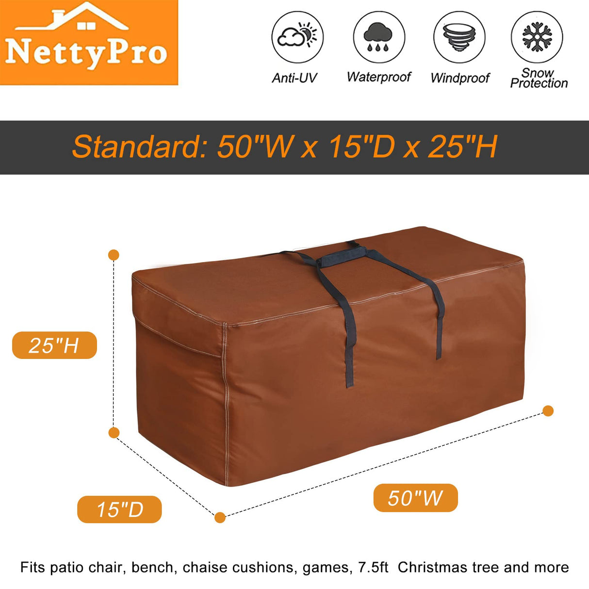 NettyPro Outdoor Patio Cushion Storage Bags Water-Resistant Large Storage Bag with Zipper and Handle for Patio Furniture Cushion Christmas Tree 7.5 Ft, 50 x 15 x 25 Inch, Brown NettyPro