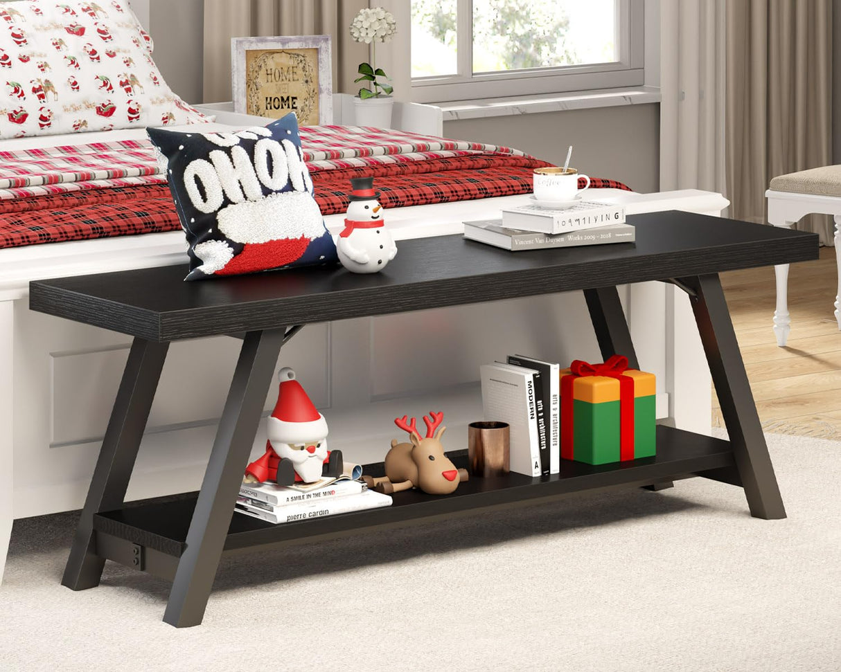 LVB Black Bench, Modern Storage Bench for Bedroom, Wood Metal Entryway Bench for Hallway Dining Living Room, Famrhouse Shoe Rack Indoor Accent Seating Bench for Foyer Entrance, Black Oak, 47 Inch Long LVB