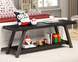 LVB Black Bench, Modern Storage Bench for Bedroom, Wood Metal Entryway Bench for Hallway Dining Living Room, Famrhouse Shoe Rack Indoor Accent Seating Bench for Foyer Entrance, Black Oak, 47 Inch Long LVB