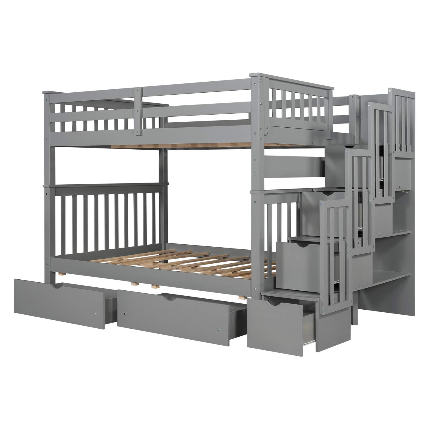 MERITLINE Gray Full Over Full Bunk Bed with Staircase and 6 Storage Drawers for Kids and Teens - WoodArtSupply