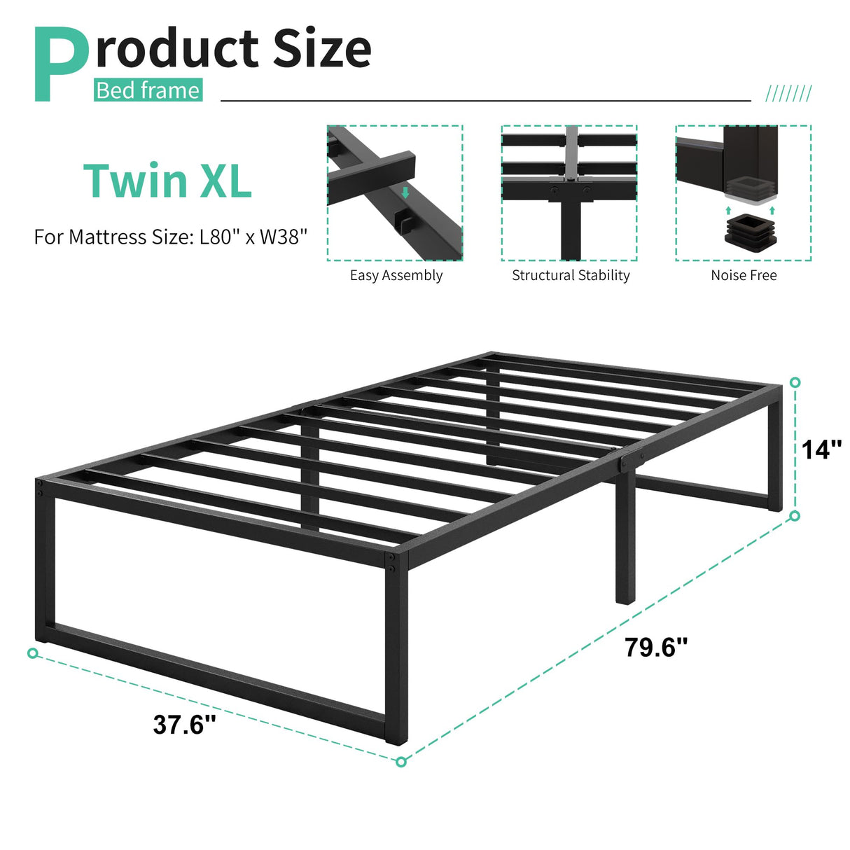 Lutown-Teen 14 Inch Twin XL Bed Frames Heavy Duty Sturdy Metal Platform Bed Frame No Box Spring Needed, Noise Free, Easy Assembly, Black Lutown-Teen
