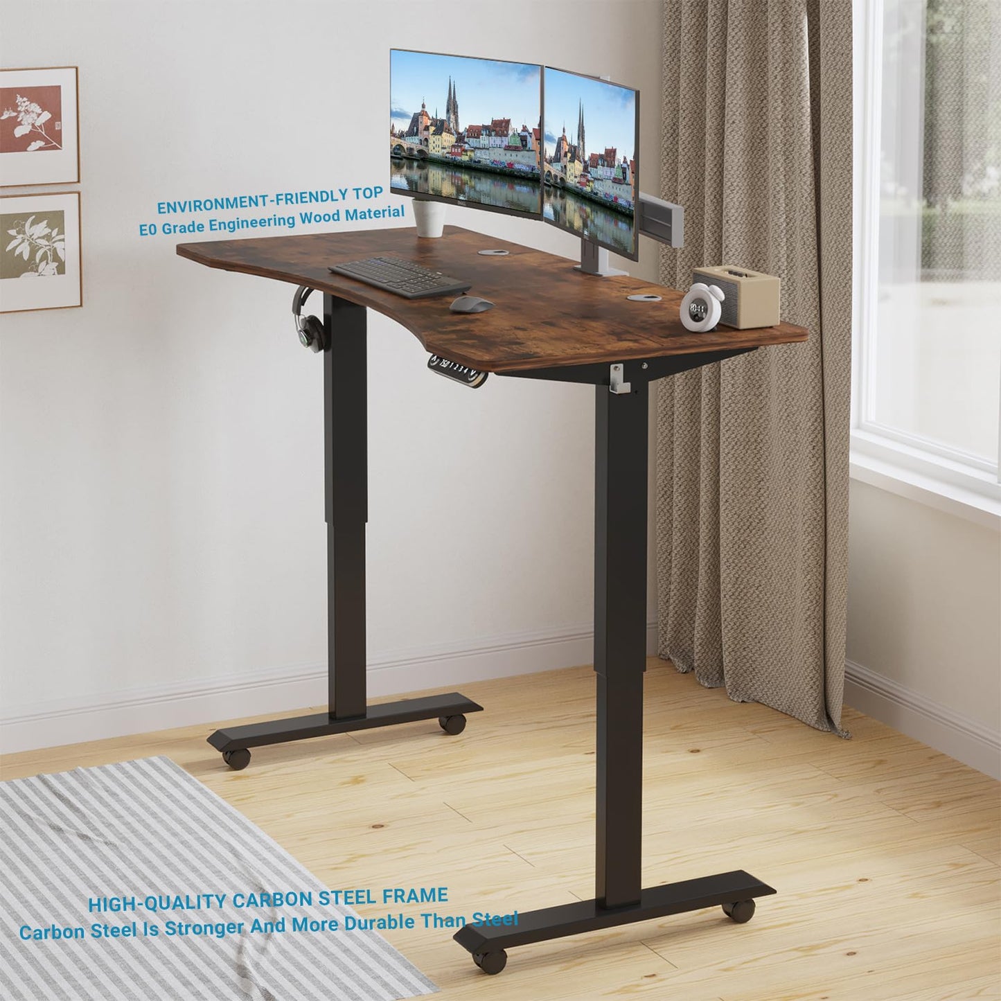 Sileye Electric Sit Dual Motor Height Adjustable, Memory Stand Up Desk with Drawer, Ideal for Daily Use at Home Office, Bedroom, 63x30 Inch, Dark Brown - WoodArtSupply