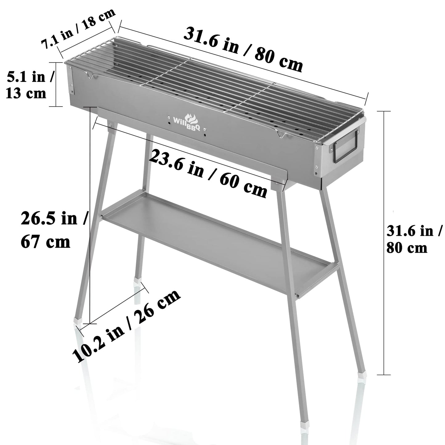 WILLBBQ Commercial Quality Portable Charcoal Grills Multiple Size Hibachi BBQ Lamb Skewer Folded Camping Barbecue Grill for Garden Backyard Party Picnic Travel Outdoor Cooking Use(31.6x7.1x5.1 inch)