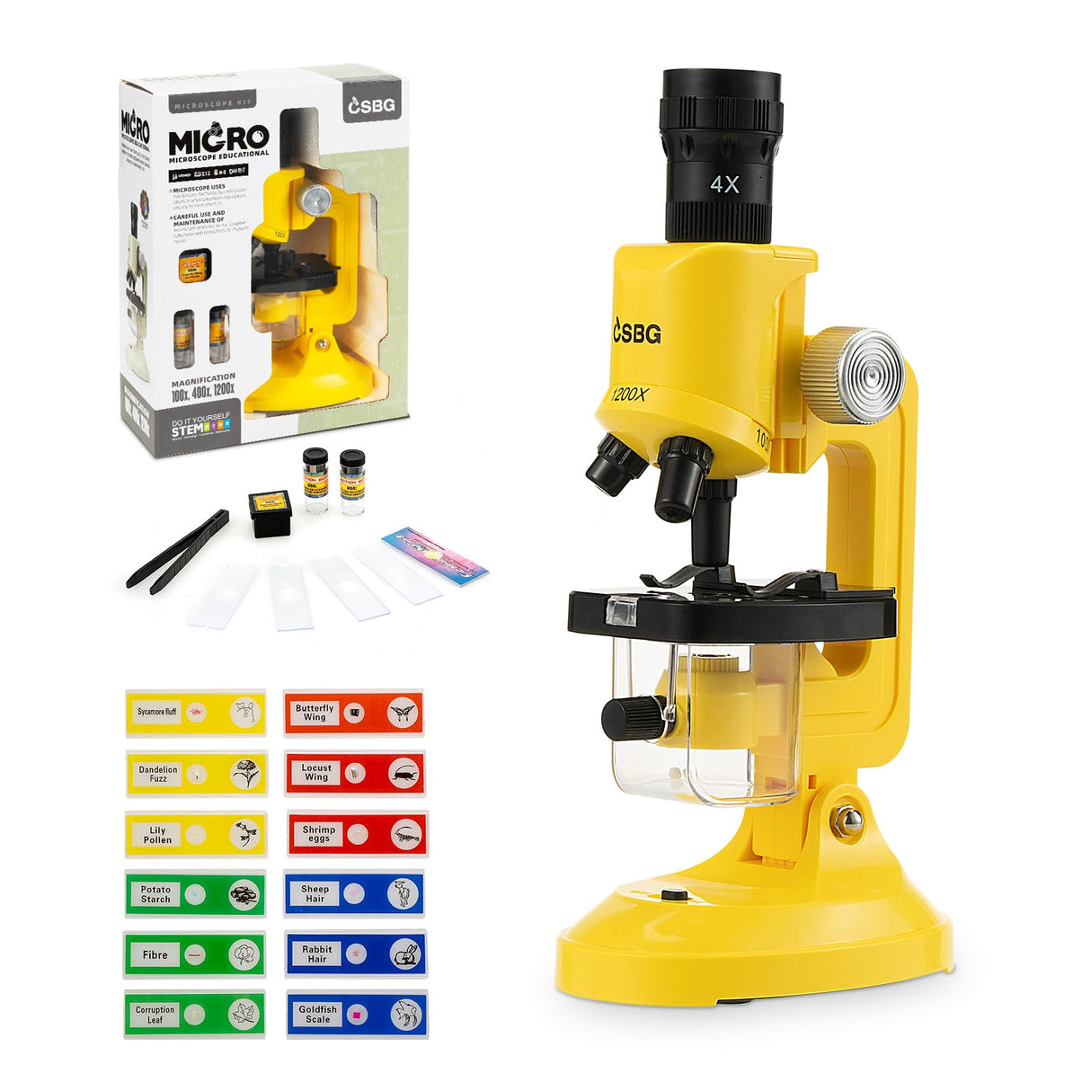 Science Kits for Kids Beginner Microscope with LED 100X 400X and 1200X-Include Sample Prepared Slides 12pc- Educational Toy Birthday Gift Yellow Little World