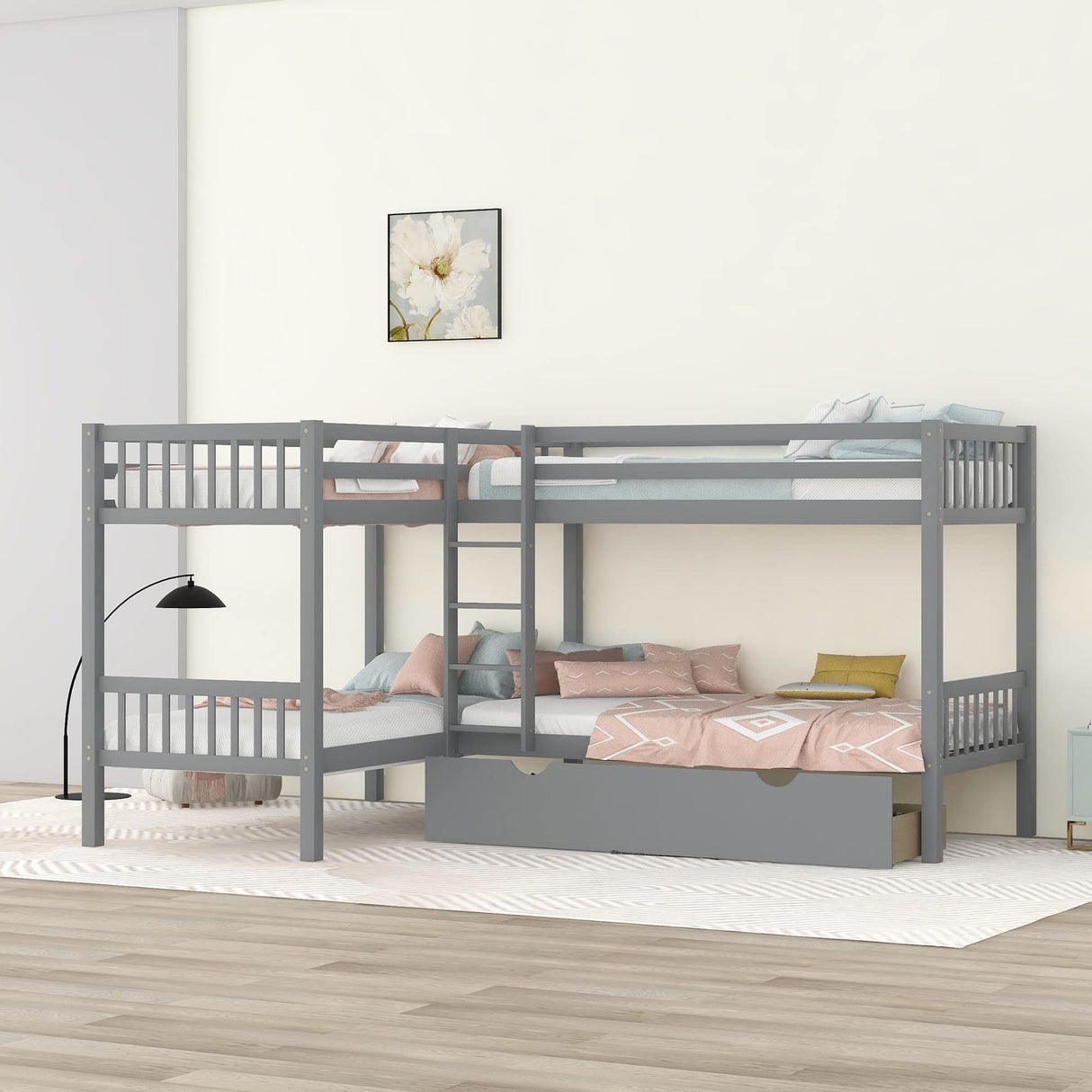 L-Shaped Bunk Bed with Drawers, Bunk Bed for 4 Twin Over Twin for Boys Girls Kids Teen Wood Quad Bunk Beds Frame, Gray Bellemave