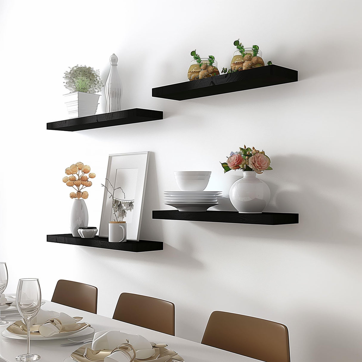 YFYEO Black Wood Floating Shelves for Wall Rustic Wall Shelf for Bedroom Living Room Set of 4 YFYEO