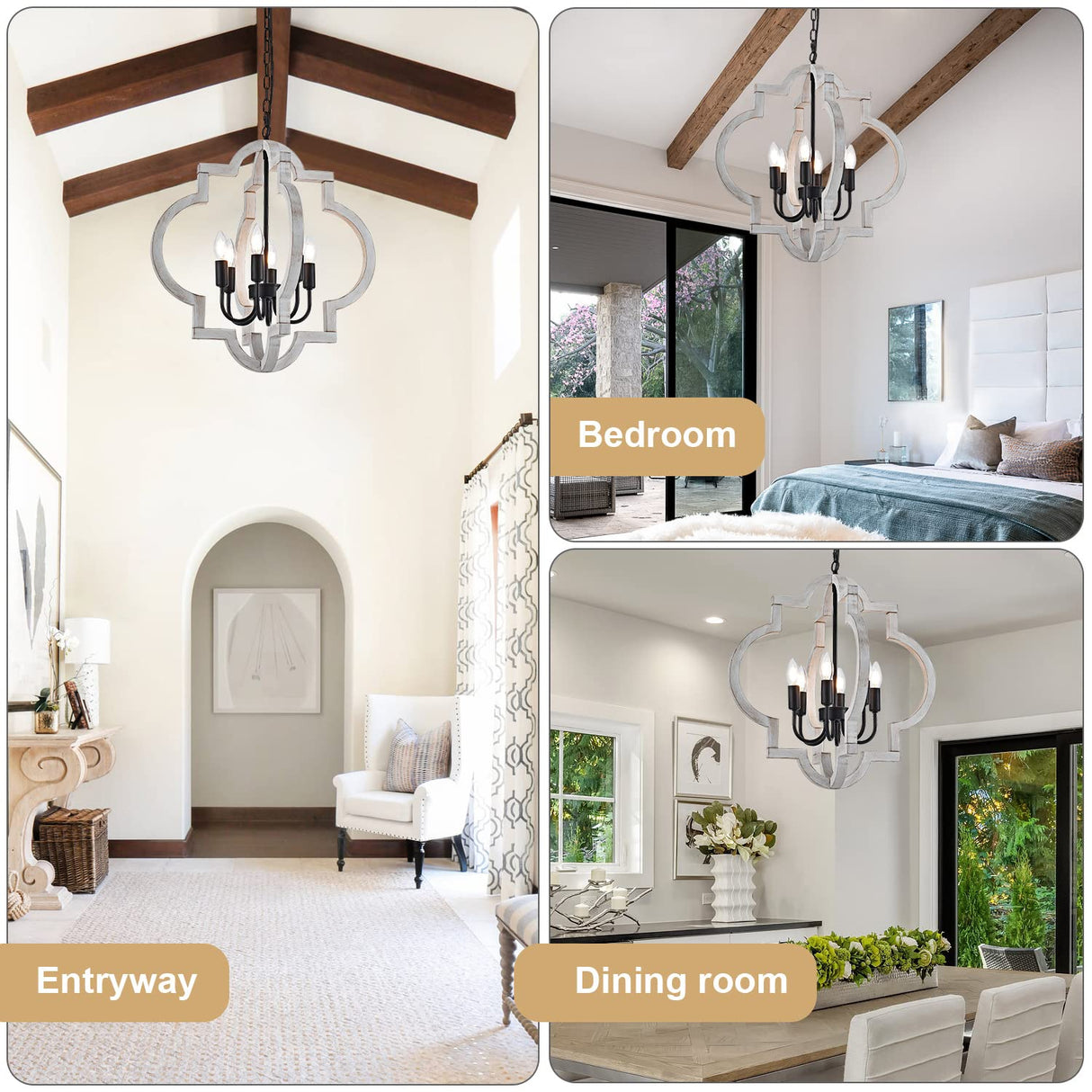 lighceac 6-Light 21" Farmhouse Orb Chandelier Rustic Handmade Distressed White Wood Hanging Ceiling Pendant Light Fixture Wood Lantern Chandeliers for Dining Room Kitchen Bedroom Foyer Hallway lighceac