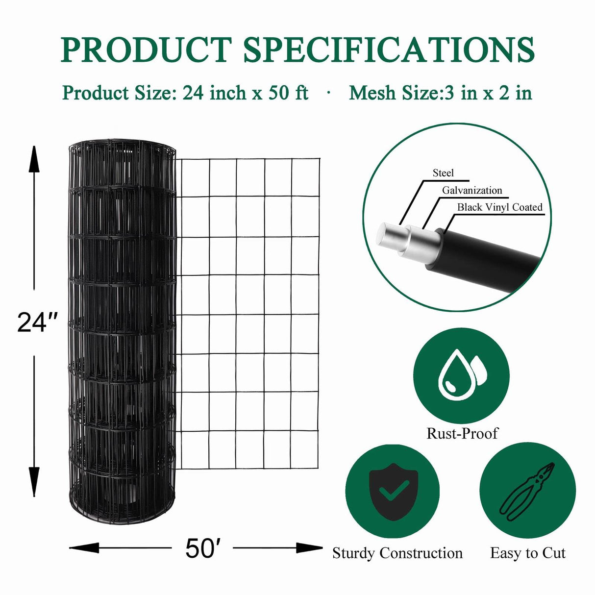 FOREHOGAR Black PVC Coated Welded Wire Fence 24 Inch x 50 Foot, 2 Inch x 3 Inch 16GA, Garden Border Fencing Roll Vinyl Coating Metal Wire Mesh for Yard Vegetable Plant Protection Poultry Netting FOREHOGAR