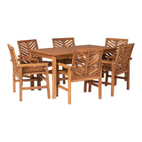 Walker Edison 6 Person Outdoor Wood Chevron Patio Furniture Dining Set Table Chairs All Weather Backyard Conversation Garden Poolside Balcony, 7 Piece, Brown Walker Edison