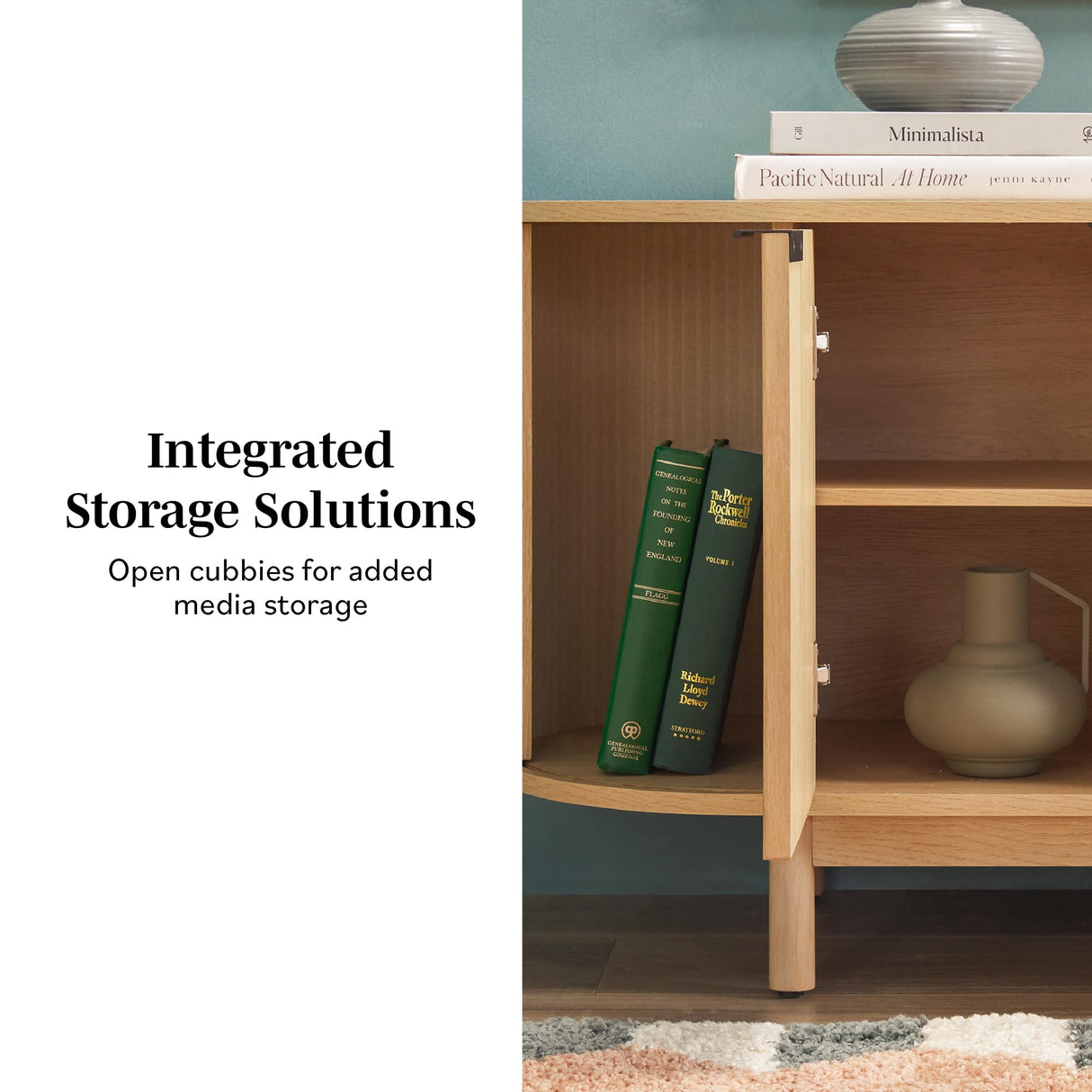 Walker Edison Modern Curved Reeded TV Stand for TVs up to 65 Inches, Credenza with Sliding Doors and Adjustable Shelves, TV Stand with Cord Management Cutout, 60 Inch, Coastal Oak Walker Edison