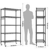 Homdox 5 Tier Metal Storage Shelves with Wheels, Heavy Duty Wire Shelving Unit, Adjustable Storage Racks with Side Hooks for Bathroom Kitchen Garage Homdox