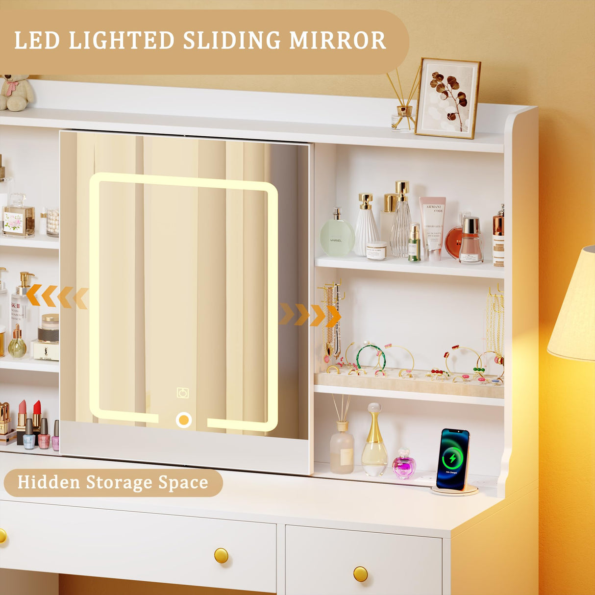 HUAHUU Vanity Desk with LED Lights & Sliding Mirror, Makeup Vanity with Lights, Power Outlet, White Vanity Desk with 5 Drawers & 2 Cabinets, 6 Storage Shelves for Bedroom HUAHUU