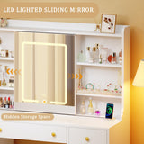 HUAHUU Vanity Desk with LED Lights & Sliding Mirror, Makeup Vanity with Lights, Power Outlet, White Vanity Desk with 5 Drawers & 2 Cabinets, 6 Storage Shelves for Bedroom HUAHUU