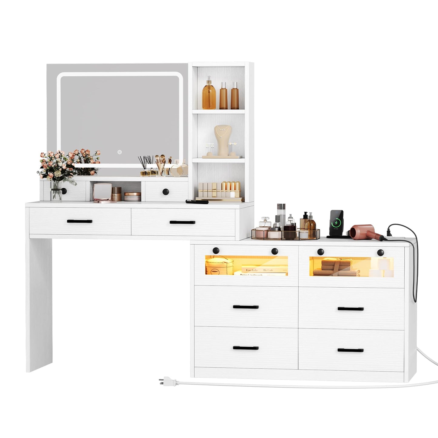 YITAHOME 65“ Vanity Desk with 10 Drawer Dresser with LED and Power Oultes, Large Modern Chest of Drawers for Bedroom, Wide Dresser Vanity Table, Wood Drawer Organizer for Living Room, Hallway, White