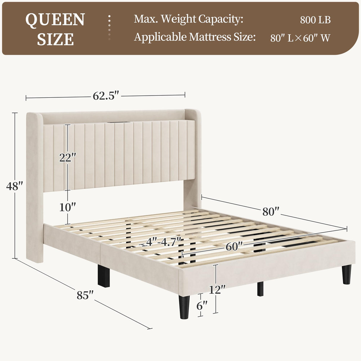 Yaheetech Queen Bed Frame with USB Charging Station and Storage Shelf/Upholstered Headboard Platform Bed with Wing Side/Wooden Slats Support/Noise Free/No Box Spring Needed/Easy Assembly, Ivory Yaheetech
