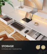 OffiGo Electric Standing Desk with Drawers & Keyboard Tray, 63 Inch Height Adjustable Desk with Power Outlets & LED Lights, Sit Stand Table with Monitor Stand for Home, Office, White OffiGo