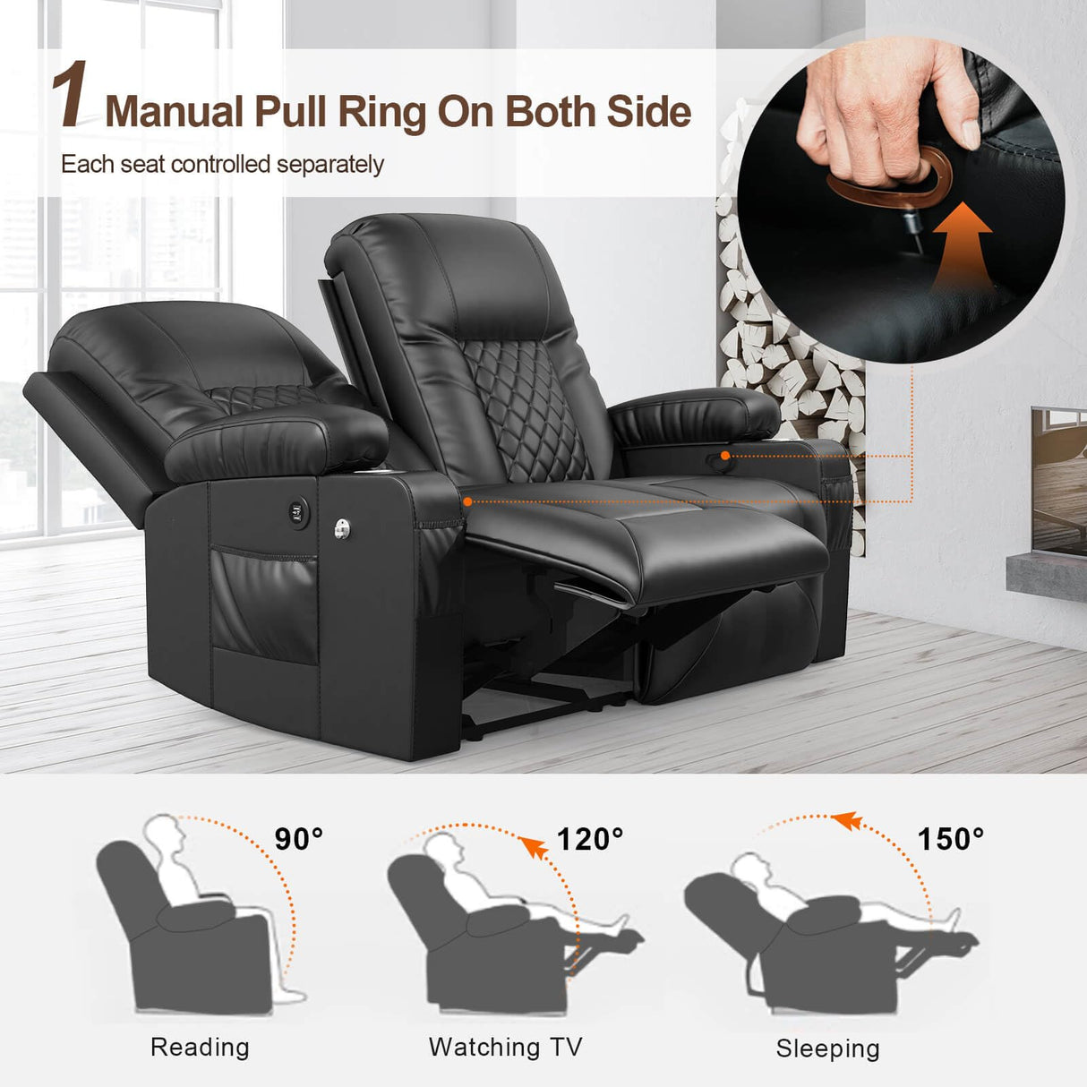 FURNIMAT Loveseat Recliner Sofa, 2 Seater Reclining Loveseat Sofa, PU Leather Recliner Loveseat Couch, Modern Recliner Chair for Living Room, with Cup Holder and 2 Cell Phone Holder, USB Ports, Black FURNIMAT