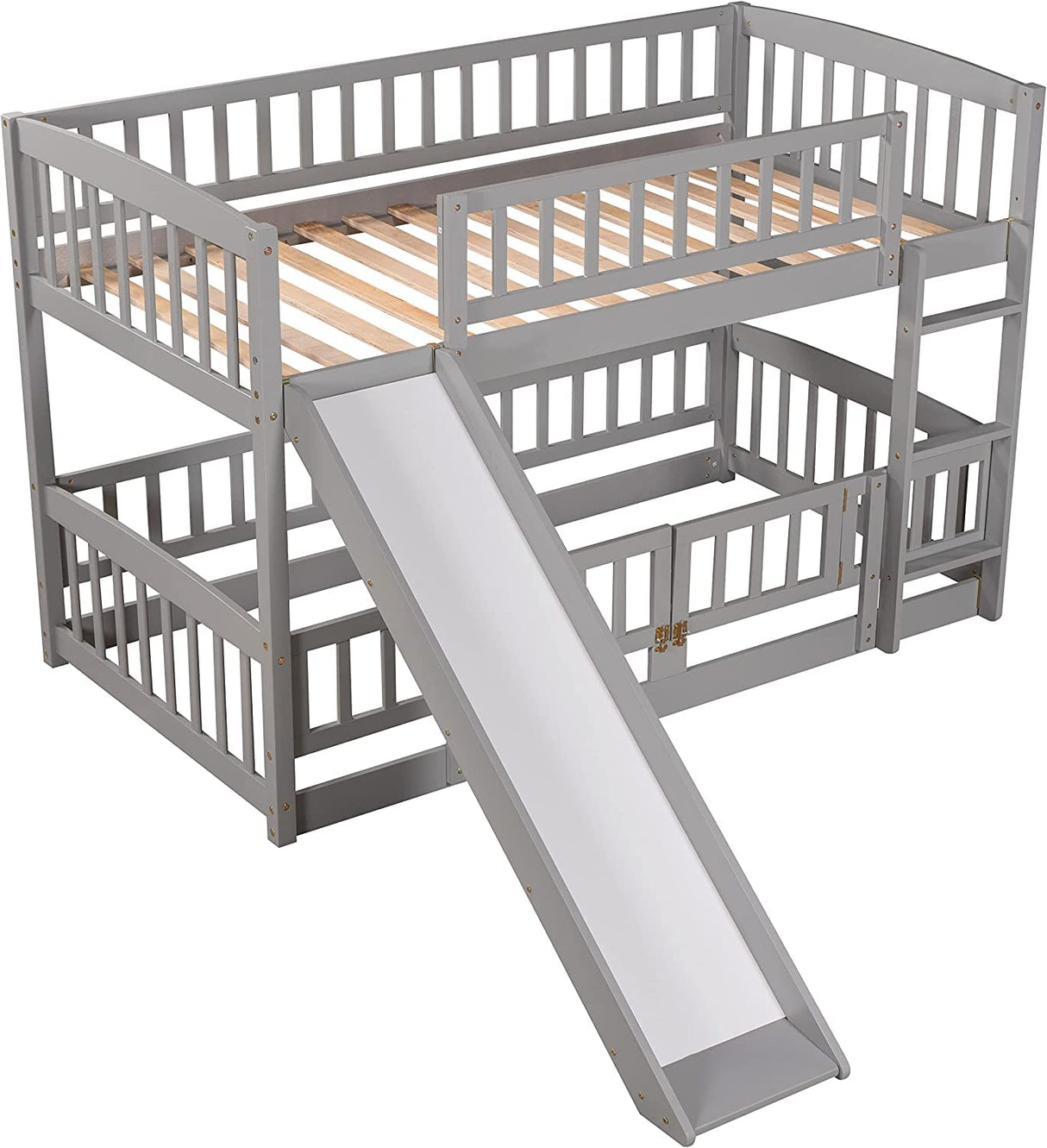 Harper & Bright Designs Low Bunk Beds Twin Over Twin, Kids Bunk Bed with Slide, Fence and Ladder, Wood Twin Bunk Beds for Girls Boys, Grey Harper & Bright Designs