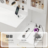 51" Vanity Desk with Mirror and Lights & Charging Station, Bedroom Dressing Table, Large Vanity Set with Cushioned Stool, 6 Drawers and 2 Cabinets, Makeup Vanity Table with Charging Station TOKSOM