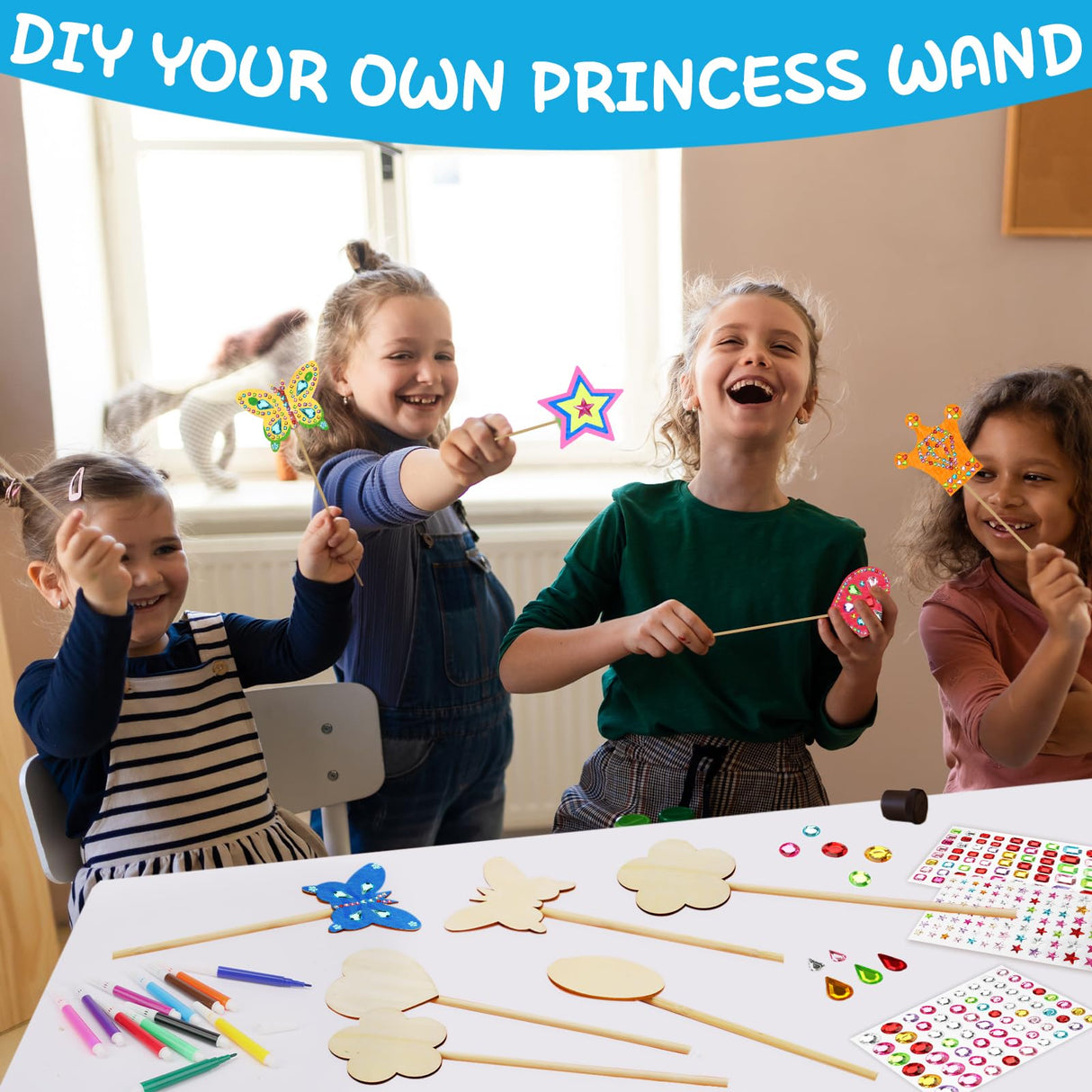 SAYAYA 77 PCS DIY Fairy Wand Craft Kit for Kids, 7 Styles Unfinished Wooden Princess Wands, 8 Gem Stickers, 12 Color Ribbons & Pen, Magical Party Supplies for Birthday Celebrations, Craft Activities SAYAYA