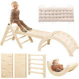 Pikler Triangle Set with Cushion, 7 in 1 Toddler Climbing Toys Indoor, Montessori Foldable Climbing Set, Wooden Climbing Toys for Toddlers 1-3 Inside with Ramp, Arch and Ladder (Nature Wood) Yopnoyik