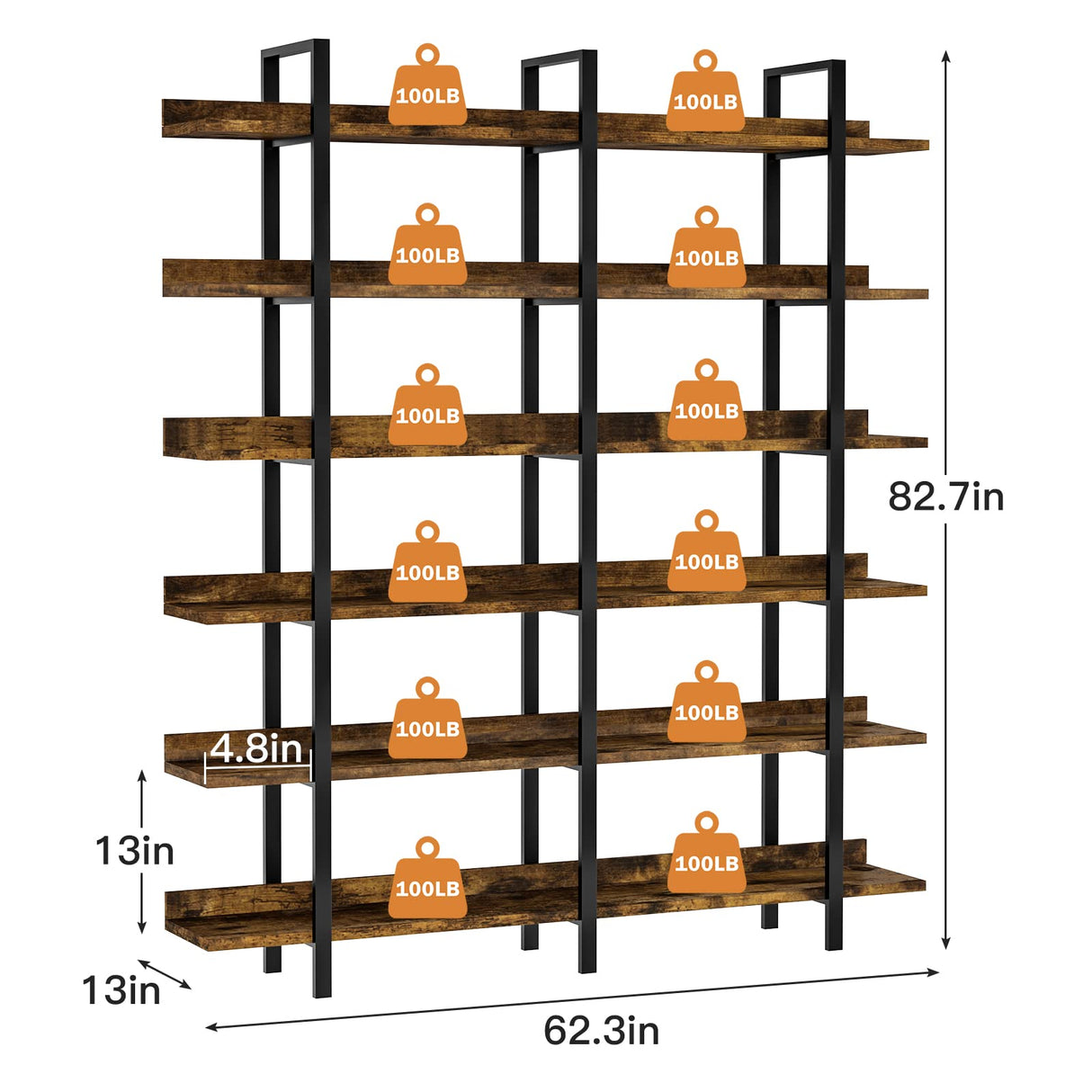 FRAPOW 83Inch Industrial Bookshelf and Bookcase, Double Wide 6 Tier Large Vintage Book Shelf with Metal Frame Open Bookshelves for Living Room Home Office FRAPOW
