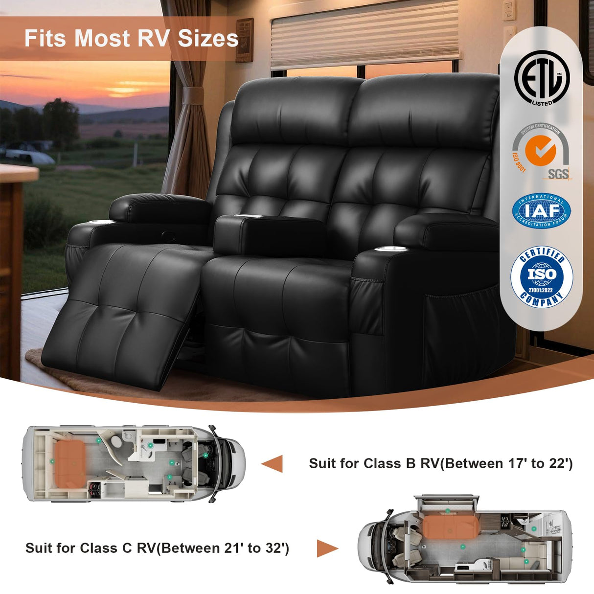 RV Loveseat Recliner Sofa, Oversized Massage Wall Hugger Recliners with Insert Pockets, Cup Holders, Reclining Couch, 150° Adjustable Recline & Padded Armrests, for RV Furniture (Black, Loveseat) Tiooii