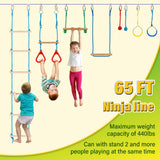 65 FT Ninja Warrior Obstacle Course for Kids, 65 FT Durable Slackline with 14 Obstacles-Swings, Monkey Bars, Arm Trainers and More, Weatherproof Outdoor Obstacle Course for Backyard,3+ Years Old FAHKNS