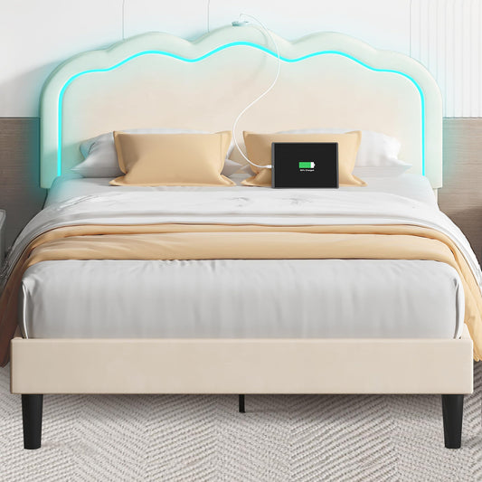 VECELO Adjustable Upholstered Queen Bed Frame with LED Lights, USB Ports, and Velvet Finish in Beige - WoodArtSupply