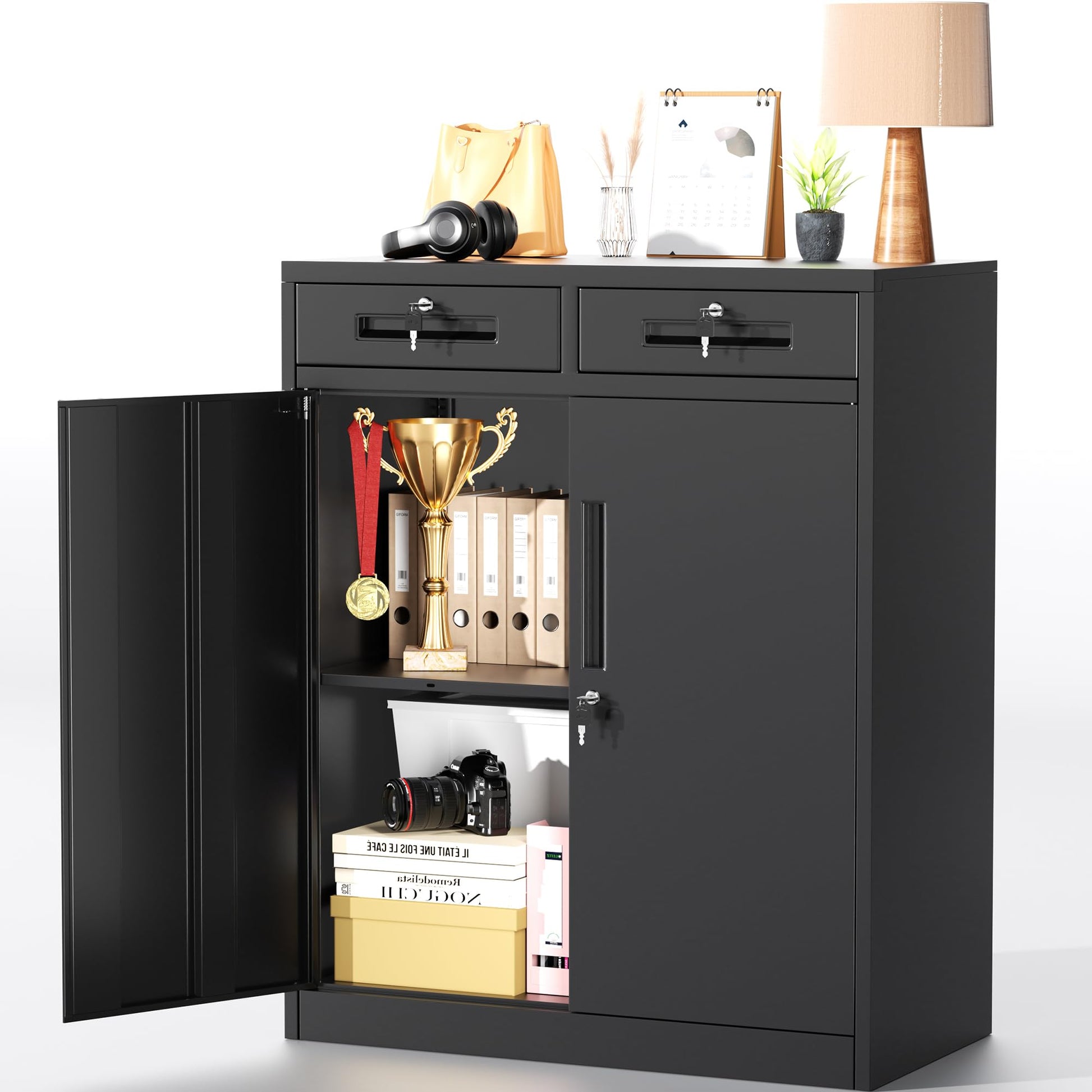 Greenvelly Metal Storage Cabinet with Drawers, 42” Locking Office Storage Cabinets with 2 Doors and Adjustable Shelves, Black Steel File Cabinet for Home Office, Garage, School, Apartment, Wa - WoodArtSupply