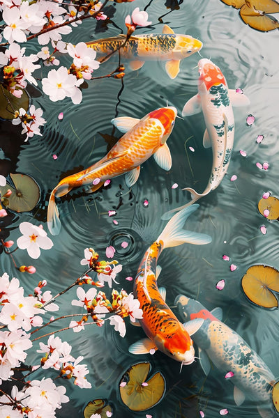 CUEAEAD DIY Koi in The Pond Under The Cherry Tree Diamond Painting Fish Paint by Numbers for Adult Full Round Diamond Art Kits for Room Decor & Living Room Decor 8x12 inch