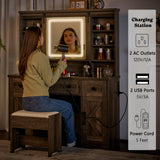AMERLIFE 47.2" Farmhouse Vanity Desk with Mirror and Lights, Rustic Makeup Vanity Table with Charging Station, Vanity Set with Stool & Storage, LED Sliding Mirror & Glass Top, Dark Oak Finish AMERLIFE