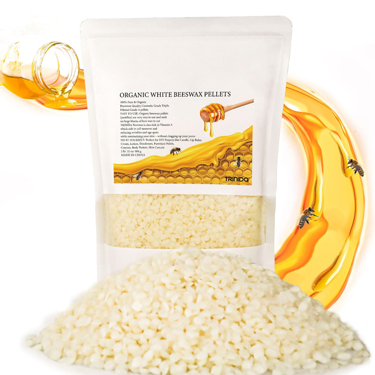 TRINIDa Beeswax Pellets 2LB(32 oz), Organic White Bees Wax for DIY Candles, Beeswax for Candle Making, Skin, Body, Face, and Hair Care, Lotions, DIY Creams, Lip Balm and Soap Making Supplies TRINIDa