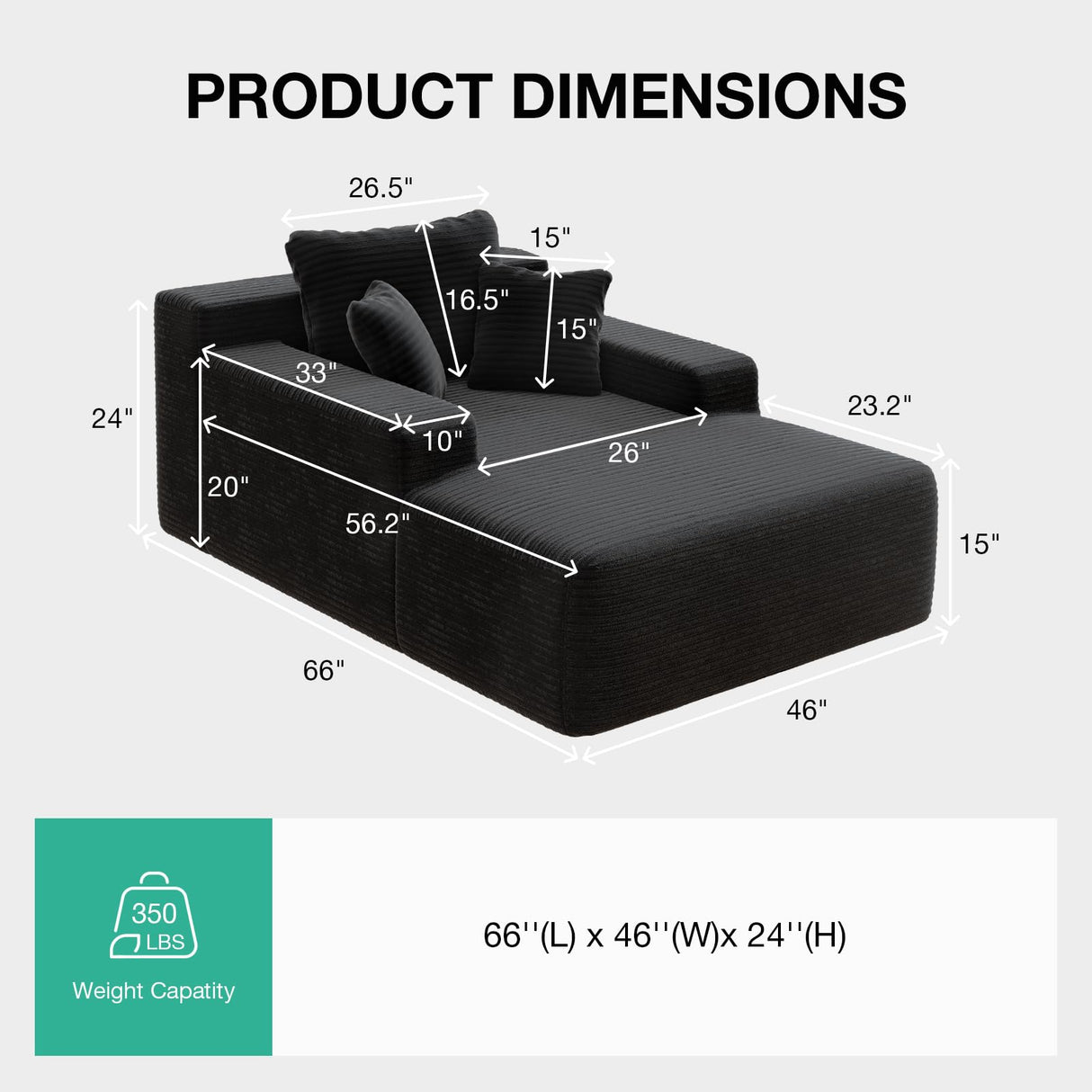 Novilla Oversized Chaise Lounge Indoor, Corduroy Cloud Couch Boneless Chaise Lounge Chair Indoor Deep Seat Reading Chair, 66‘’L x 46‘’W Boneless Couches for Living Room, No Assembly Required, Black Novilla