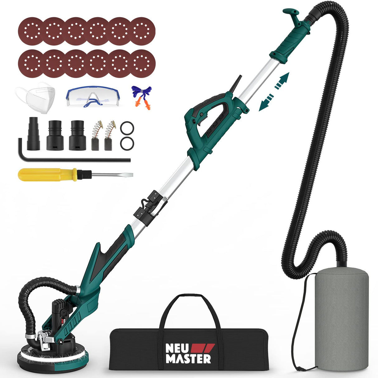 NEU MASTER Drywall Sander, Electric Drywall Sander Variable Speed Pole Sander with Vacuum, 900-1800RPM Foldable Ceiling Sander with 12 Sanding Discs, LED Light, Extendable Handle, Dust Bag and Hose NEU MASTER