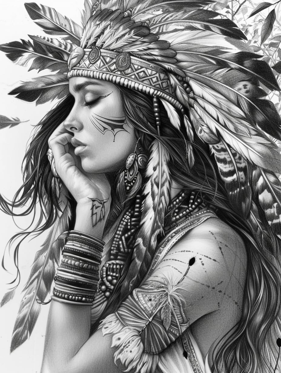 5D Diamond Painting Kits Black and White American Native Indian Woman Full Drill Round Beads Diamond Art Gems Stone Cross Stitch DIY Diamond Painting by Number Kits 12x16inch Ourtimfun