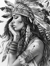 5D Diamond Painting Kits Black and White American Native Indian Woman Full Drill Round Beads Diamond Art Gems Stone Cross Stitch DIY Diamond Painting by Number Kits 12x16inch Ourtimfun