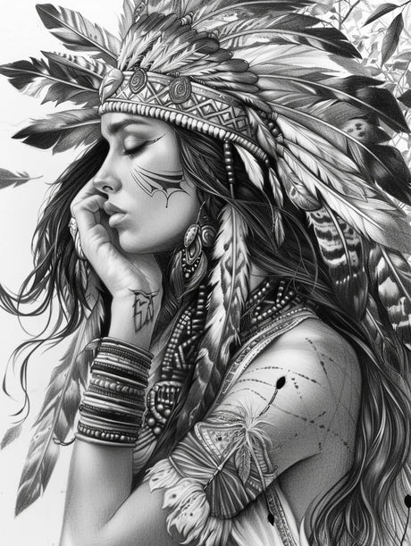 5D Diamond Painting Kits Black and White American Native Indian Woman Full Drill Round Beads Diamond Art Gems Stone Cross Stitch DIY Diamond Painting by Number Kits 12x16inch Ourtimfun