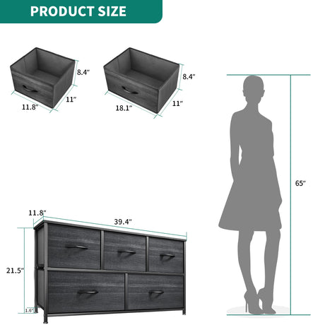 YITAHOME Dresser with 5 Drawers - Fabric Storage Tower, Organizer Unit for Bedroom, Living Room, Closets - Sturdy Steel Frame, Wooden Top (Cool Black Wood Grain) YITAHOME
