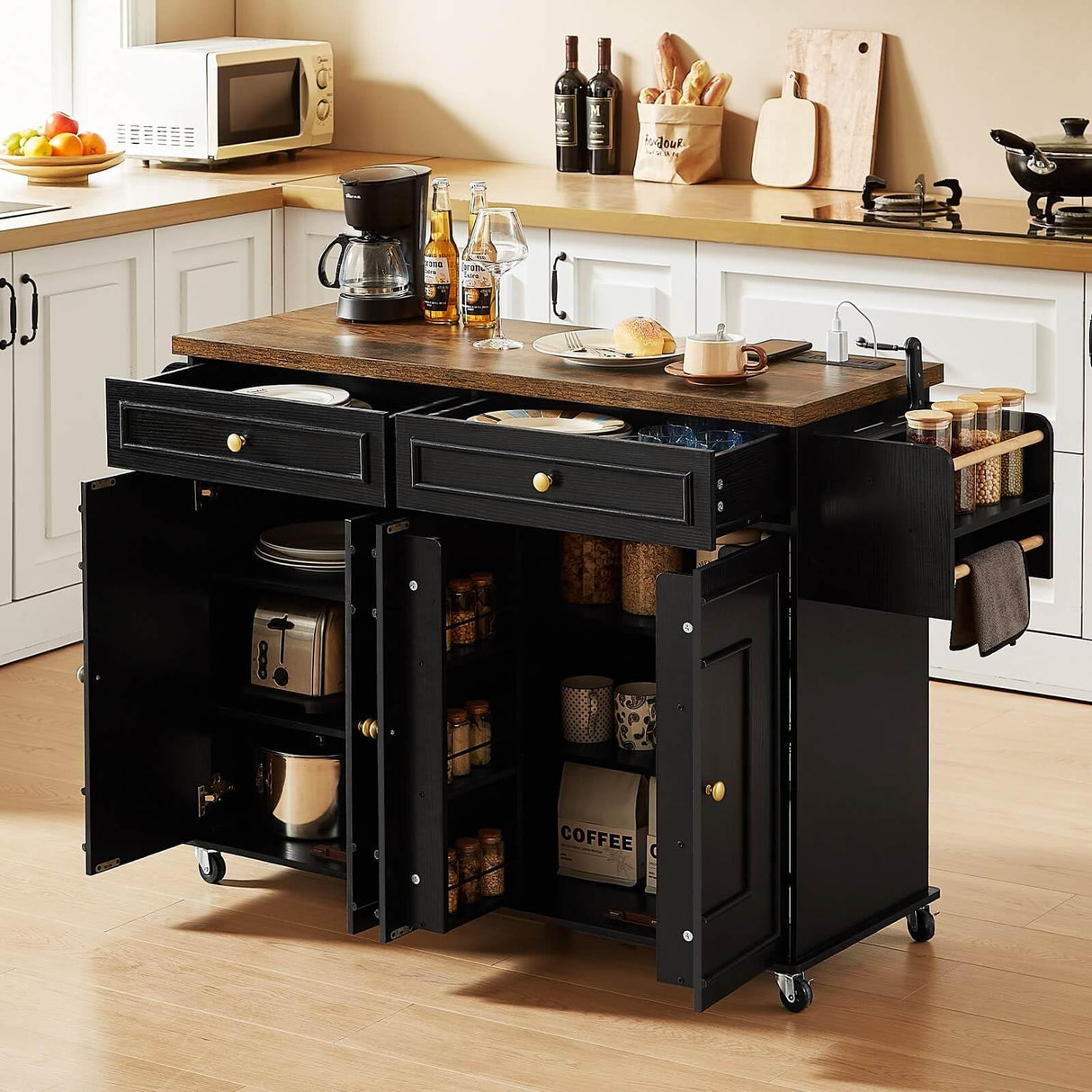 ONBRILL 58" Mobile Kitchen Island, Kitchen Island Cart with Power Outlet, Island Table for Kitchen, Home Bar Carts with Storage, Kitchen Rolling Island with Spice Rack & Towel Rack & Knife Holder ONBRILL
