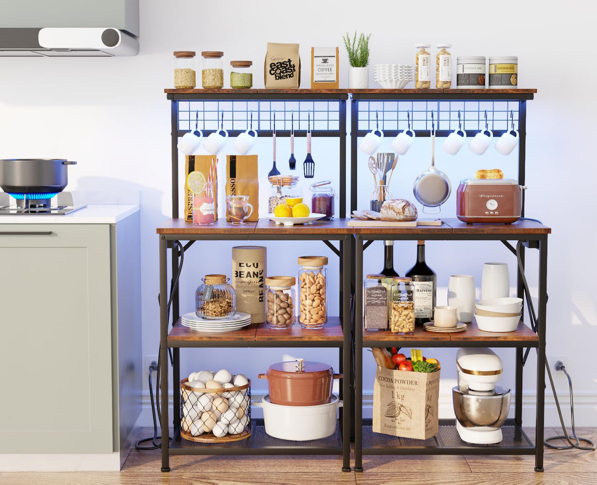 Furologee Bakers Rack with Power Outlet and LED Light, Small Microwave Stand with 4 Tier Shelves, Coffee Bar Station Table with 6 S Hooks, Kitchen Storage Rack for Spices, Pots, Rustic Brown Furologee