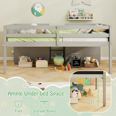 KOMFOTT Twin Size Low Loft Bed, Kids Loft Bed Frame with Movable Storage Shelves, Chalkboard & Ladder, Solid Wood Twin Bed with Under-Bed Play Area for Kids, Boys & Girls, No Box Spring Needed, Grey KOMFOTT